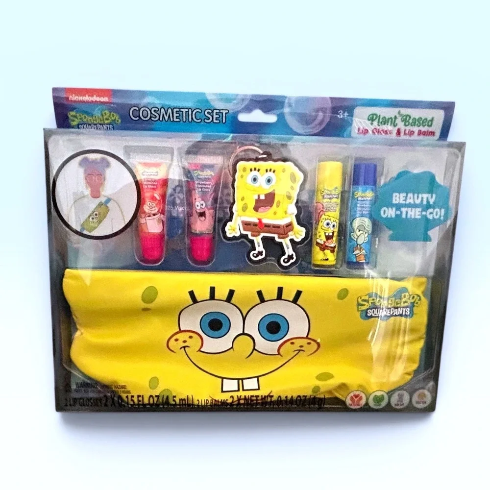 Nickelodeon SpongeBob SquarePants Cosmetic Set Lip Gloss Balm Keychain Bag NEW